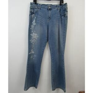 L.A. Blues Size 16 Medium Blue Denim Jeans Floral Embroidery Dazzled Bootcut